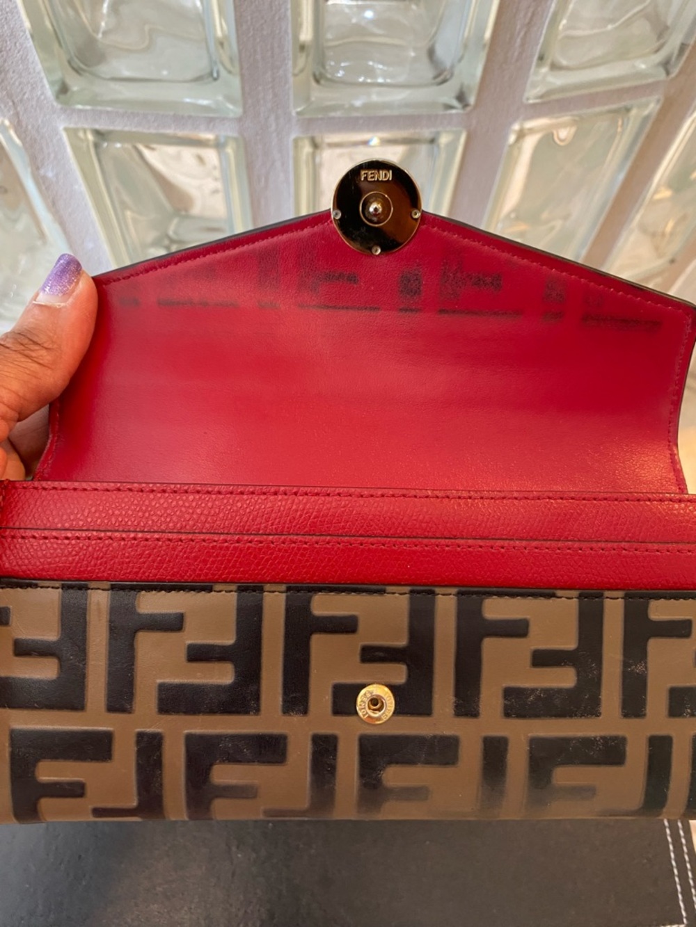 Fendi Red & Brown FF Logo Continental Envelope Zucca Monogram Wallet w/ Chain - Picture 7 of 14